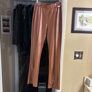 Faux Leather Tan Boot Cut Flare Pants with Front Slits at Ankle S-M